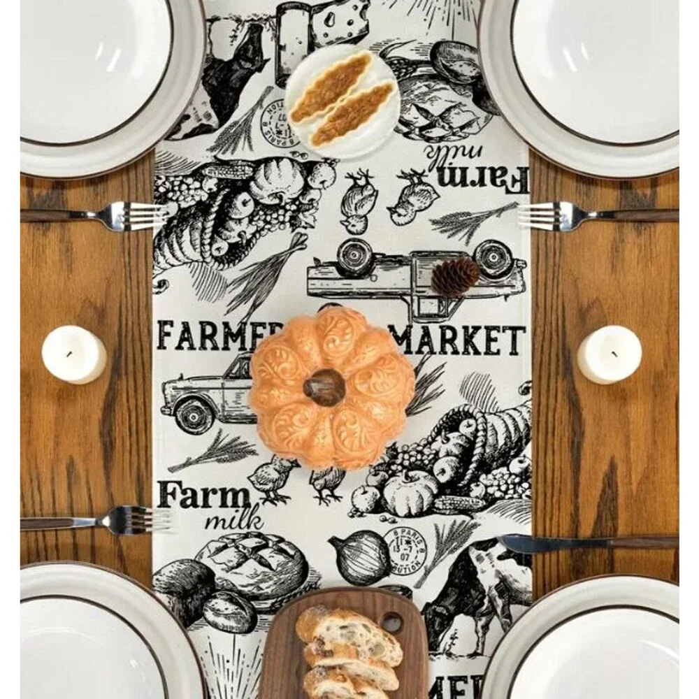 Table Runner 13x90in Country Farm Milk Cows Chickens off white and black